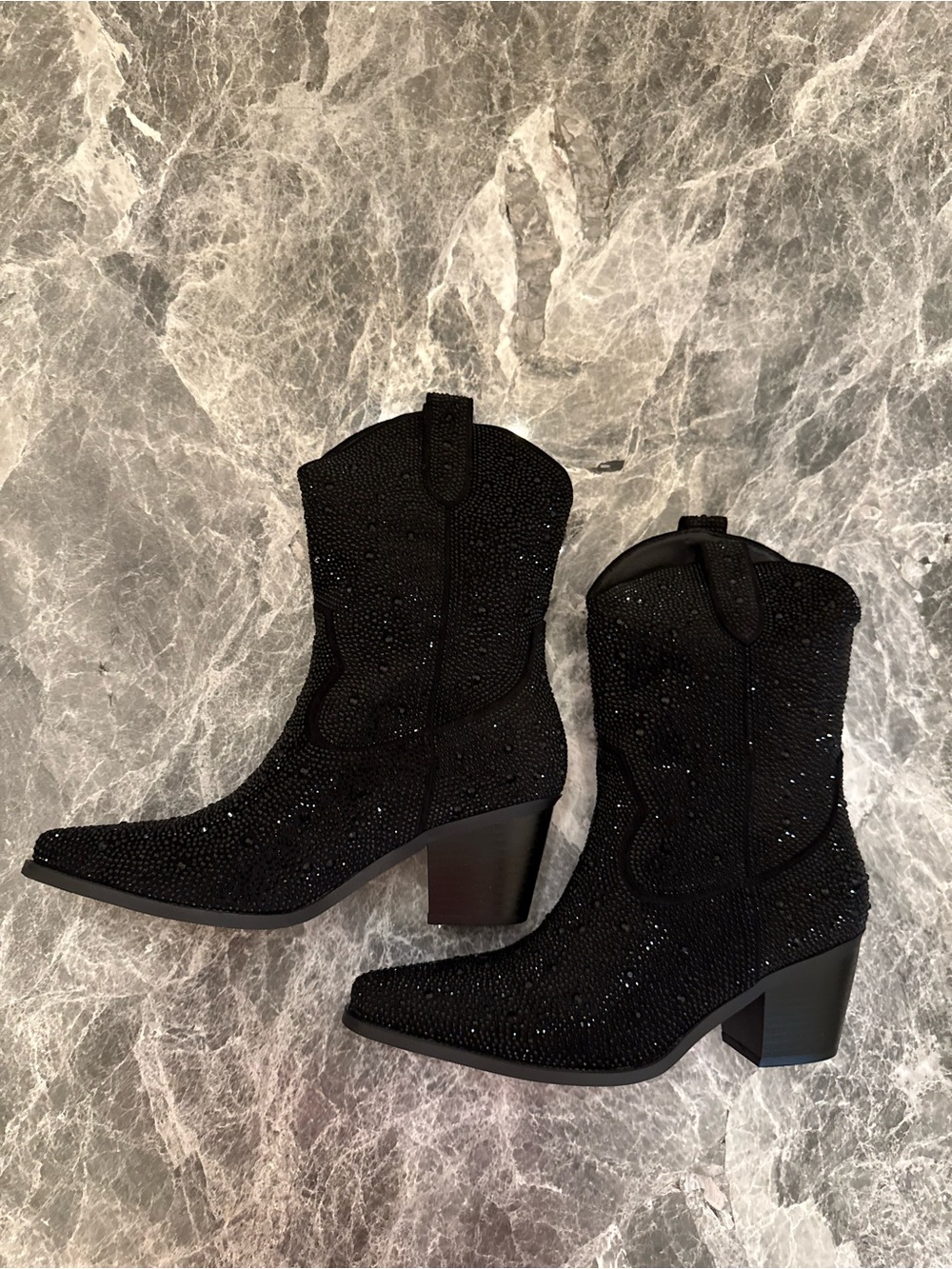MissMiller Black Western Ankle Boots with Rhinestones